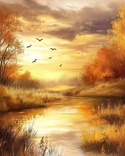 An autumn landscape with a river reflecting golden and orange leaves and the sky, as birds fly into the distance.