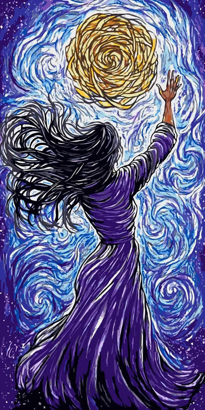 The woman extends her hand into a yellow ball of yarn-like swirl. Blue abstract image.