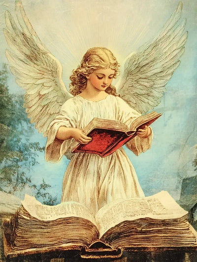 A peaceful angel reading a holy book in warm and soft tones.