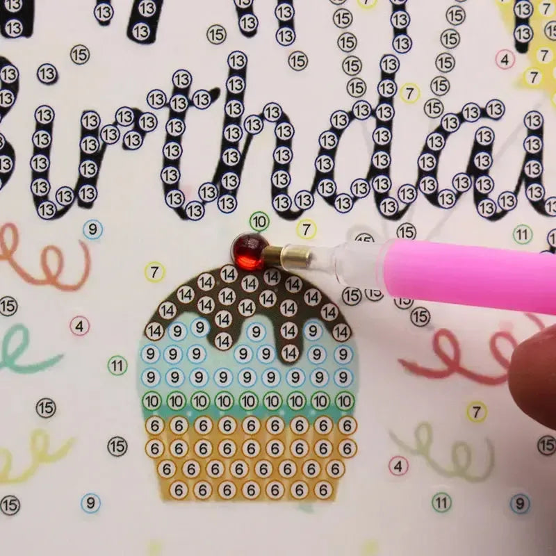 Close-up of finished celebration diamond painting cards