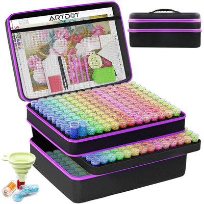 High-quality black diamond painting case with three layers for diamond colors, each layer filled with different colored diamonds, includes a silicone filling assistant.