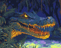 Thumbnail for A drama-filled crocodile paint-by-numbers, where the animal's glowing yellow eyes peek from the jungle foliage against a night background.