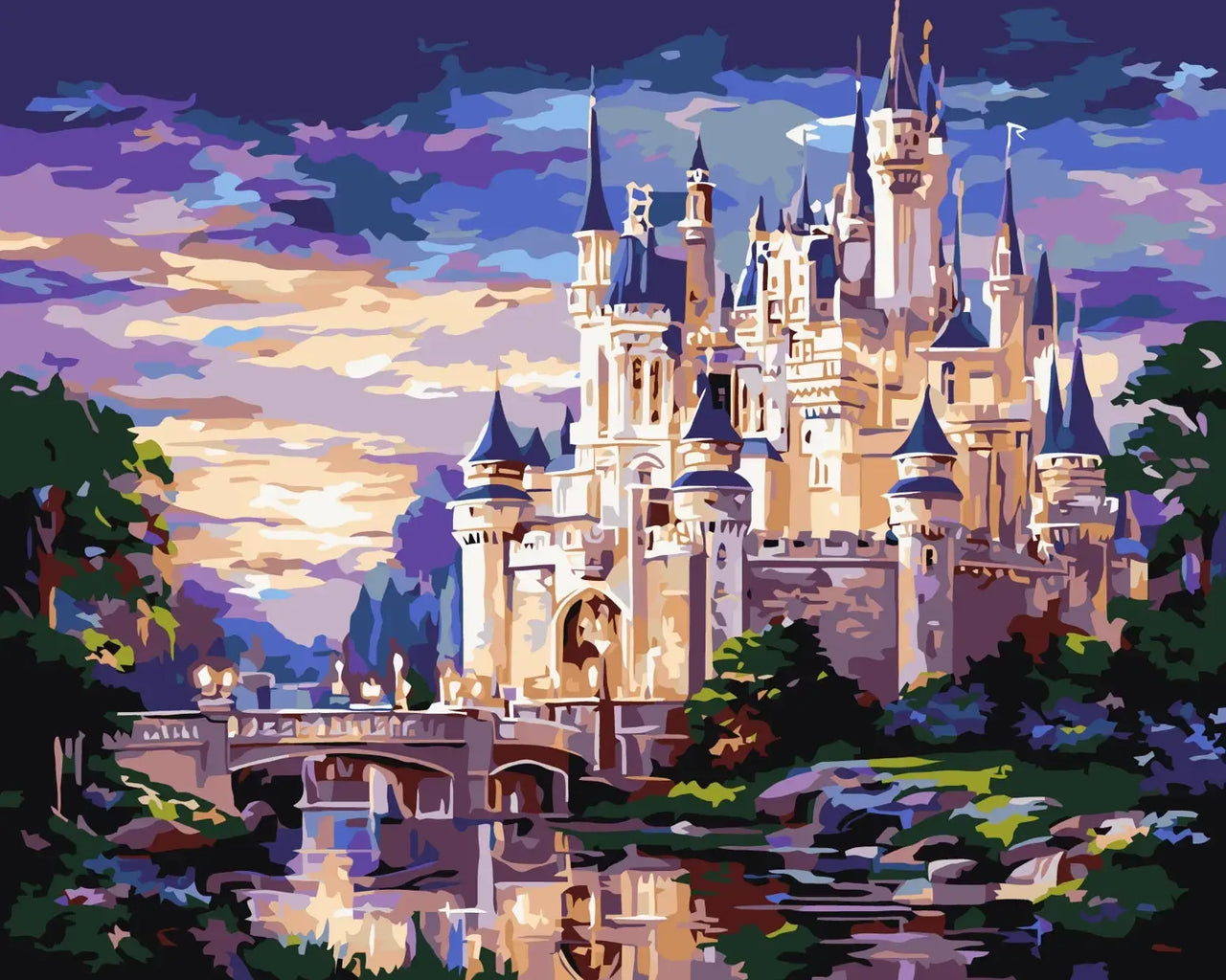 Loistava satulinna kirkkaan veden äärellä, iltavalaistuksessa hohtava taianomainen numeromaalaus.