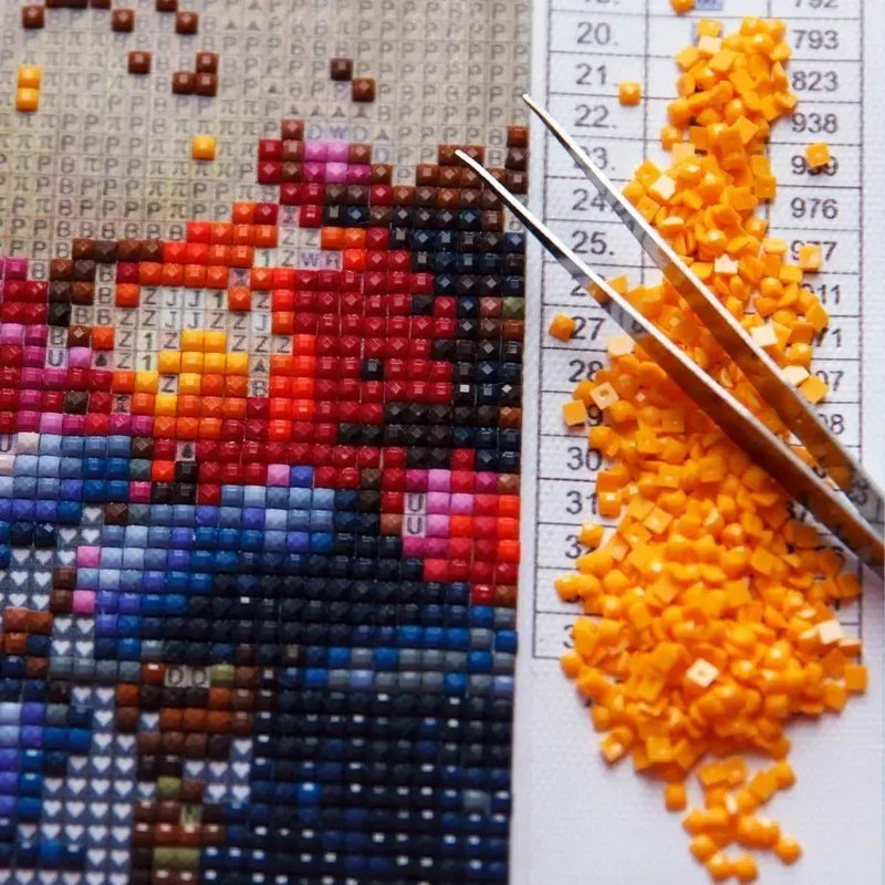 Diamond painting with many square-shaped diamonds on it