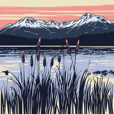 The picture shows a lake landscape with grasses lining the water. In the background, mountains and the warm hues of the sunset can be seen.