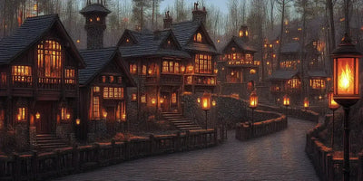 Lantern Lane diamond painting: cosy medieval village lit by lanterns at dusk