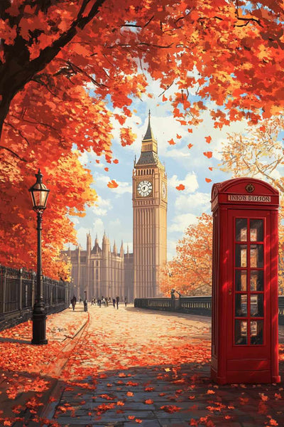 Autumn landscape in London, where red leaves frame the view of Big Ben and the red phone booth.