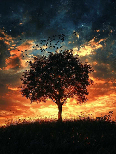 A solitary tree standing on a hill, with a glowing orange sunset and a dark blue starry sky in the background, creating a peaceful and mystical atmosphere.