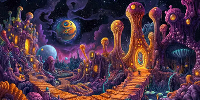 A colorful space city where planets shining in the sky and lights create a futuristic atmosphere.