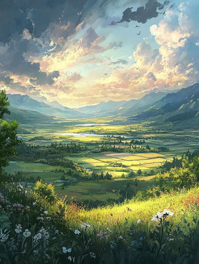 A flower meadow where bright hues highlight the mountain backdrop, with clouds and sunlight creating a beautiful contrast.