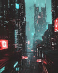 Thumbnail for A cyberpunk-style city where tall skyscrapers and neon lights illuminate the night landscape.