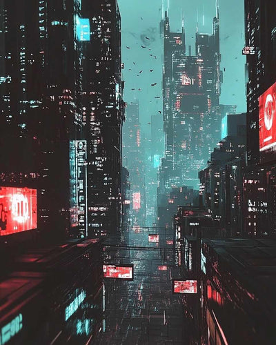 A cyberpunk-style city where tall skyscrapers and neon lights illuminate the night landscape.