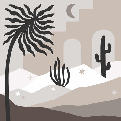 The image depicts a minimalist desert scene featuring the moon, cacti, and soft earthy tones.