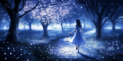 The girl walks in the blooming night forest, carrying a lantern on the illuminated path.