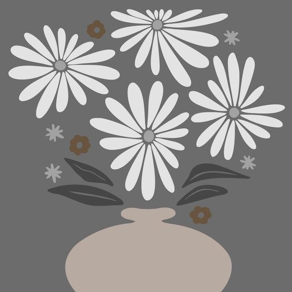 A gray-toned flower painting, where white flowers and brown details create a harmonious look.