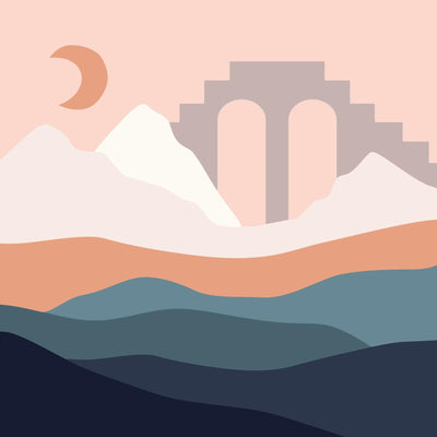 A minimalist landscape where the moon, mountains, and an arch merge in earthy tones.