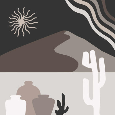 The picture features an earthy desert landscape with cacti, sand dunes, and minimalist elements in a dark color palette.