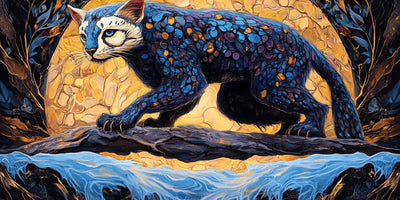 Mystic Feline diamond painting: cat with blue-purple mosaic fur and a golden circular backdrop