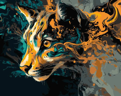 Enchanting image featuring a wildcat's head and abstract swirls in shades of turquoise, orange, and black