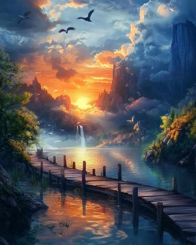 A mountain landscape where the lake and pier reflect the hues of the sunrise, with the surrounding mountains creating a majestic atmosphere.
