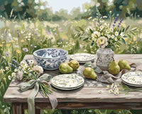 Thumbnail for Pears, flowers and dishes on a wooden table, paint by numbers