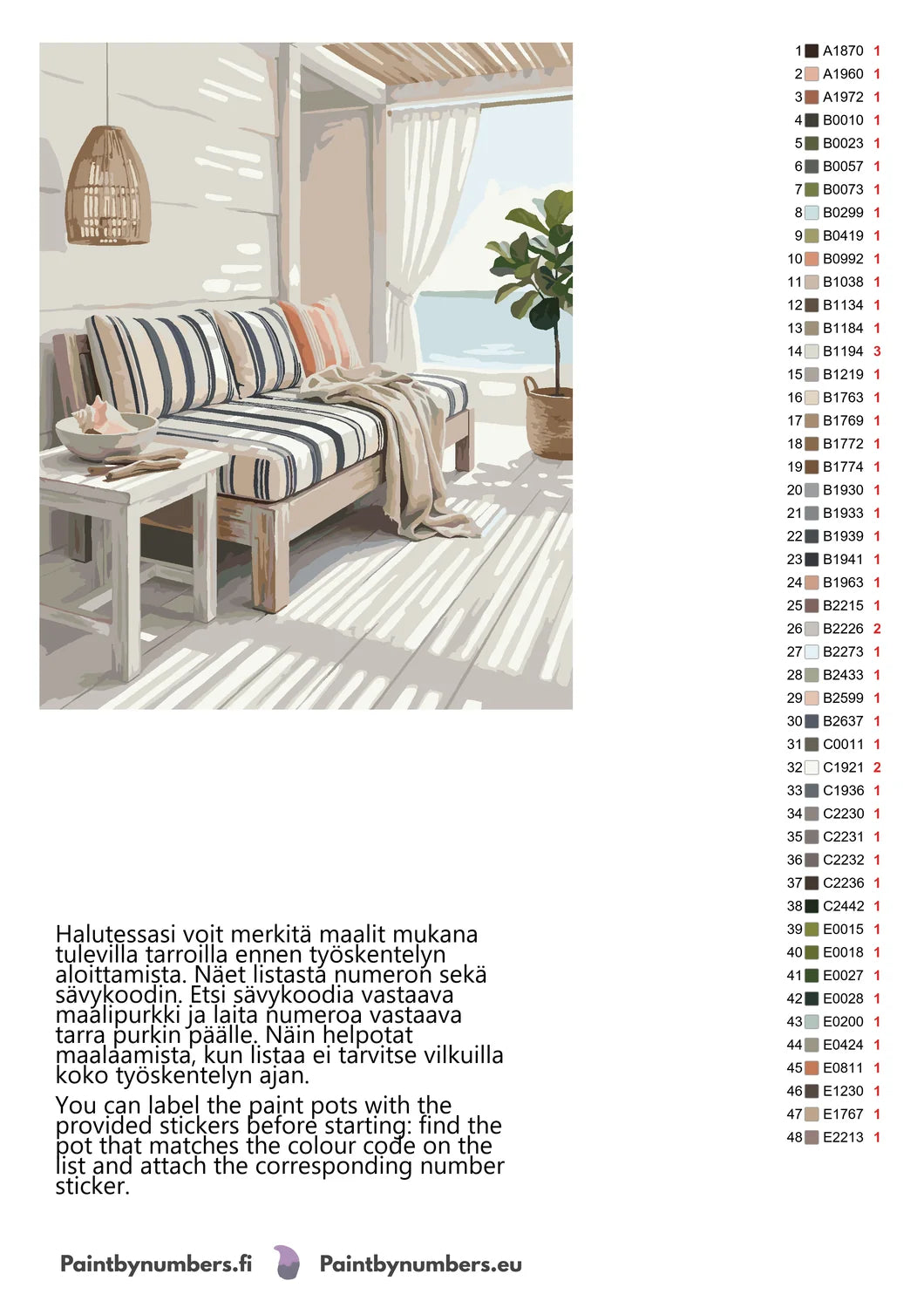 Paint by numbers colour chart and instructions – Striped Sofa by Window