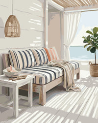 Thumbnail for Striped sofa, window and ocean view, paint by numbers