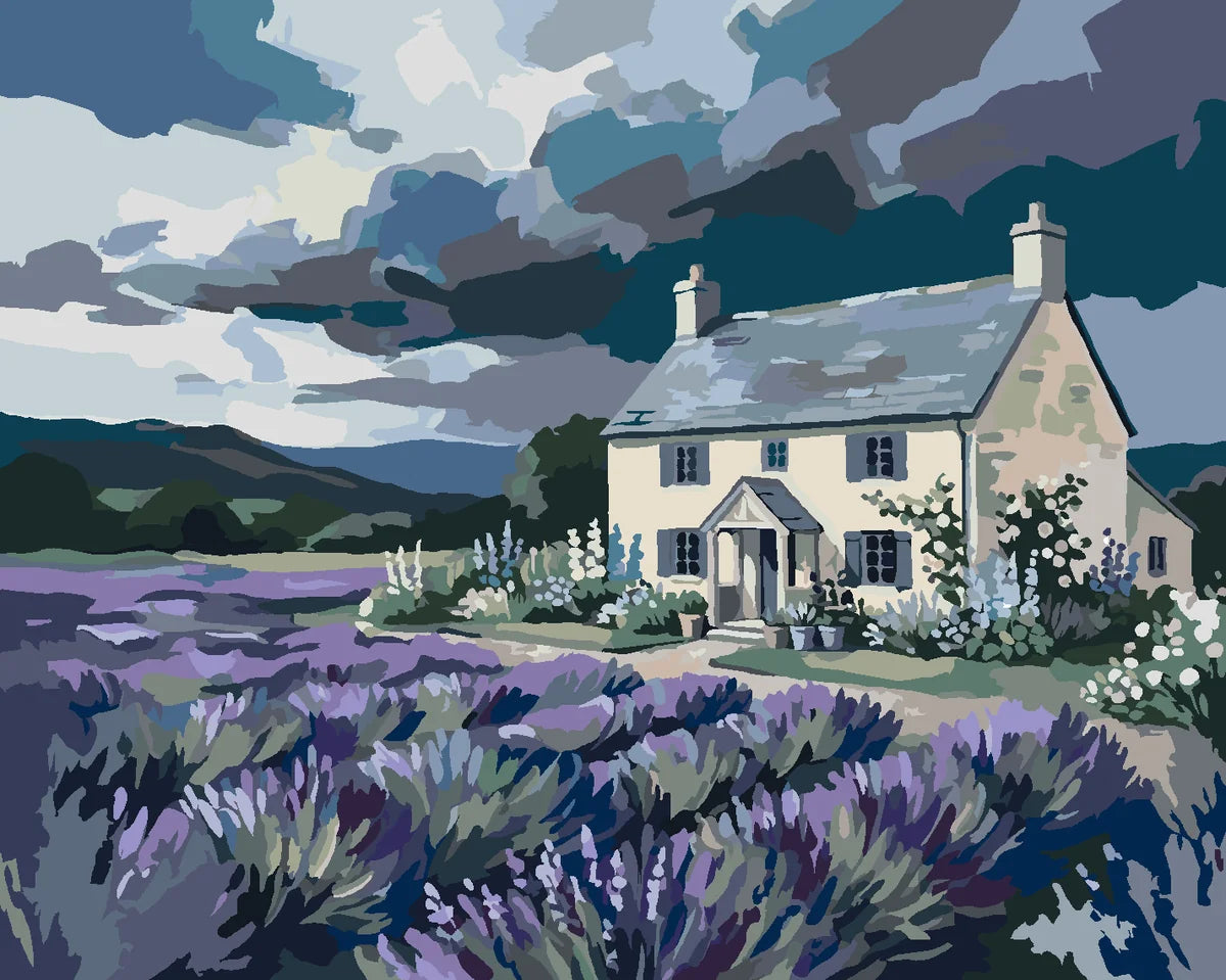 Farmhouse in a lavender field, paint by numbers. Cloudy sky and purple tones.