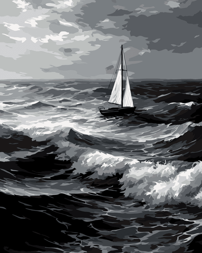 Sailboat in the middle of the waves at sea