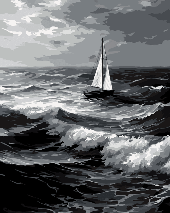 Sailboat in the middle of the waves at sea