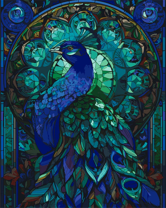 Blue peacock in a colorful picture. - rendering from a completed paint by numbers