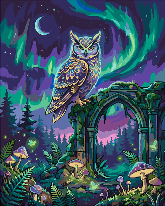 An owl sitting in a mystical forest at night. - rendering of a finished paint by numbers