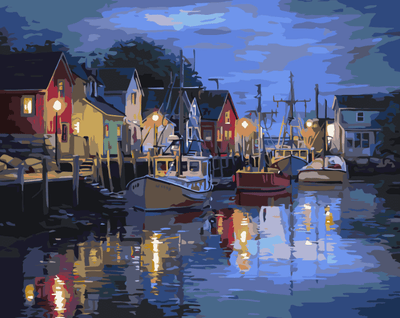 Paint the evening-lit fish harbor with a paint-by-numbers set