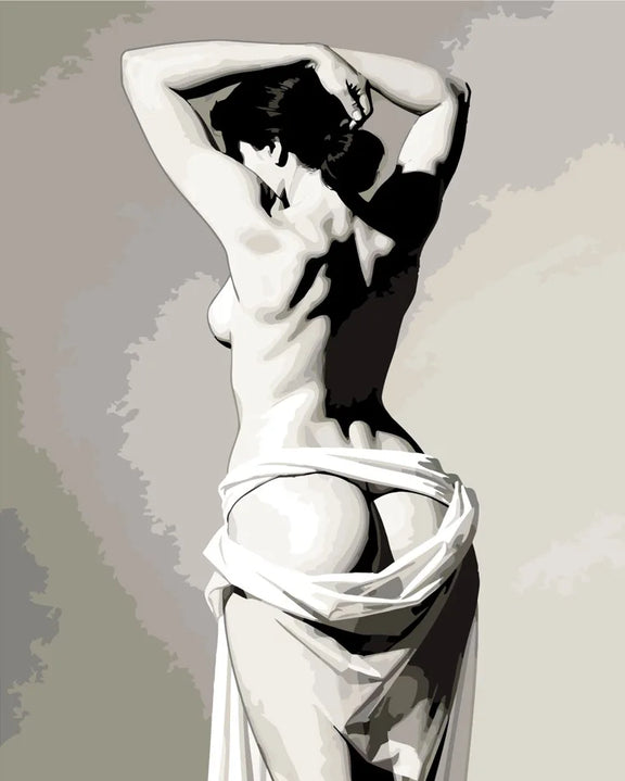 Woman seen from behind against a pale wall, draped in a small piece of cloth paint by numbers