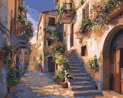 Paint a flowery Italian street with a paint-by-numbers set