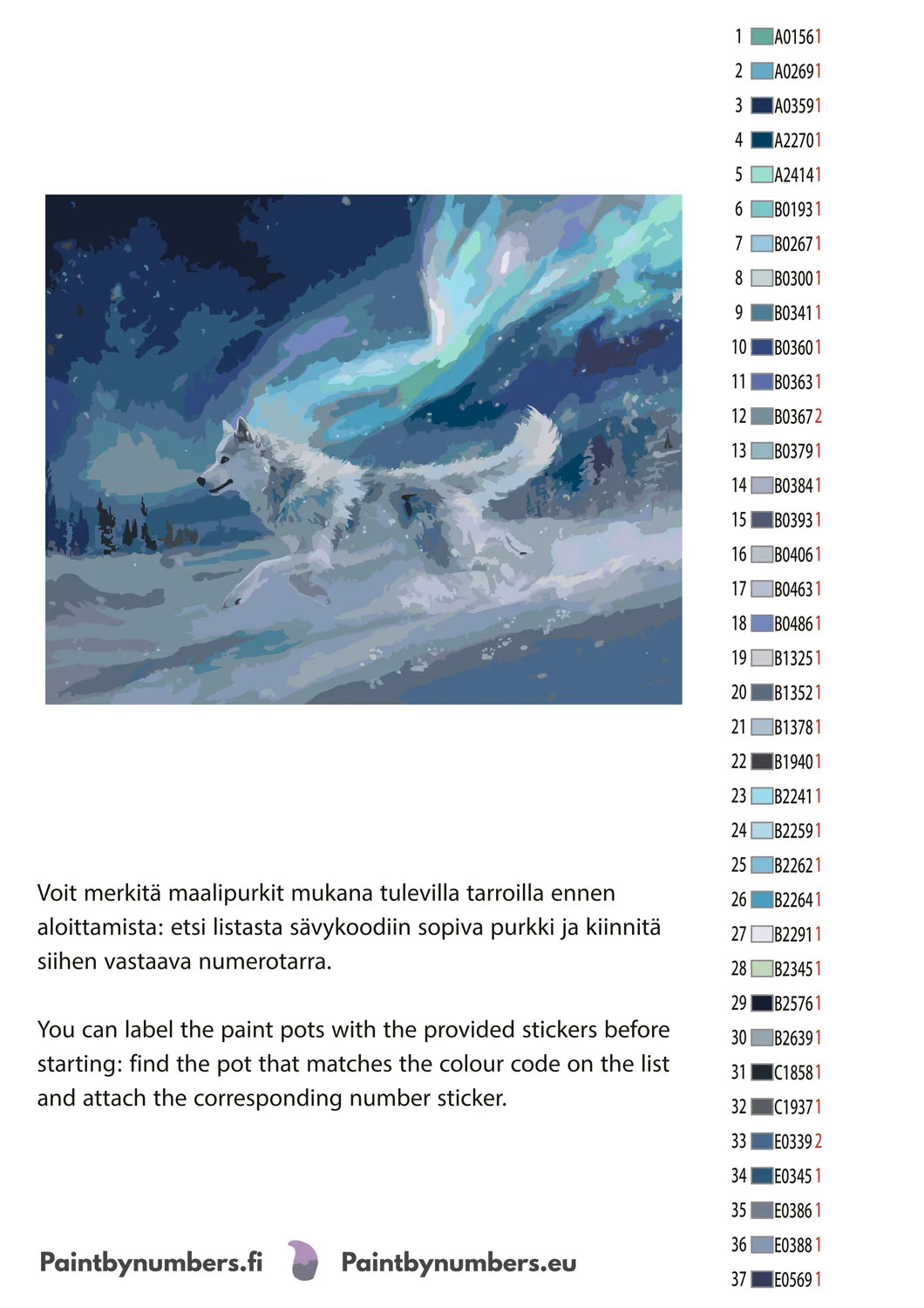 Wolf in the Northern Lights Paint By Numbers color chart