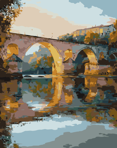 Paint the old stone bridge over the river with a paint-by-numbers kit