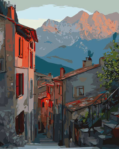 Mountain village at sunset
