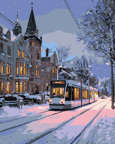 Winter tram on a snowy street
