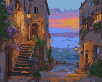 Thumbnail for Paint by Numbers artwork of a Mediterranean alley with sunset over the sea