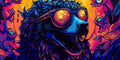 Thumbnail for The image features a bear-like animal highlighted with neon colors, with eyes glowing orange. The background is filled with detailed neon-colored ornaments and futuristic elements. Psychedelic style.
