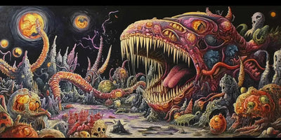 A dark fantasy landscape where the shapes and lights of monsters create a frightening yet captivating atmosphere.