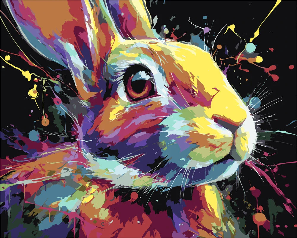 Värikäs jänis maalauksessa - renderöinti valmiista numeromaalauksesta