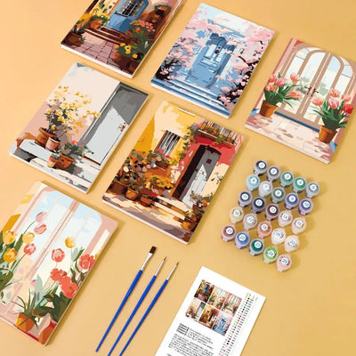 Garden Doors - paint by numbers set, featuring six 20x15 cm door-themed flower and garden paintings, paint pots, brushes, and instructions arranged on the table.