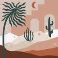 Thumbnail for The picture shows a minimalist desert landscape with cacti, a palm tree, and the moon in soft warm tones.