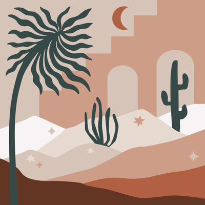 The picture shows a minimalist desert landscape with cacti, a palm tree, and the moon in soft warm tones.