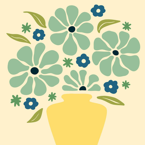 The picture shows a pastel-colored bouquet in a yellow vase, highlighting simplicity and elegance.