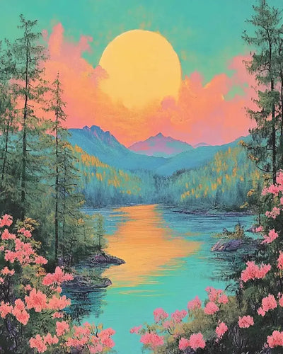 Sunset at the mountain lake, where soft pastel hues are reflected on the water's surface.