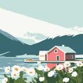 Thumbnail for The picture shows a lake landscape where a pink cottage is reflected in the water. Mountains can be seen in the background and white flowers in the foreground. Pastel shades have been used in the picture.