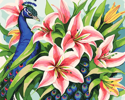 A regal peacock amidst lush blossoms, colorful Paint By Numbers.